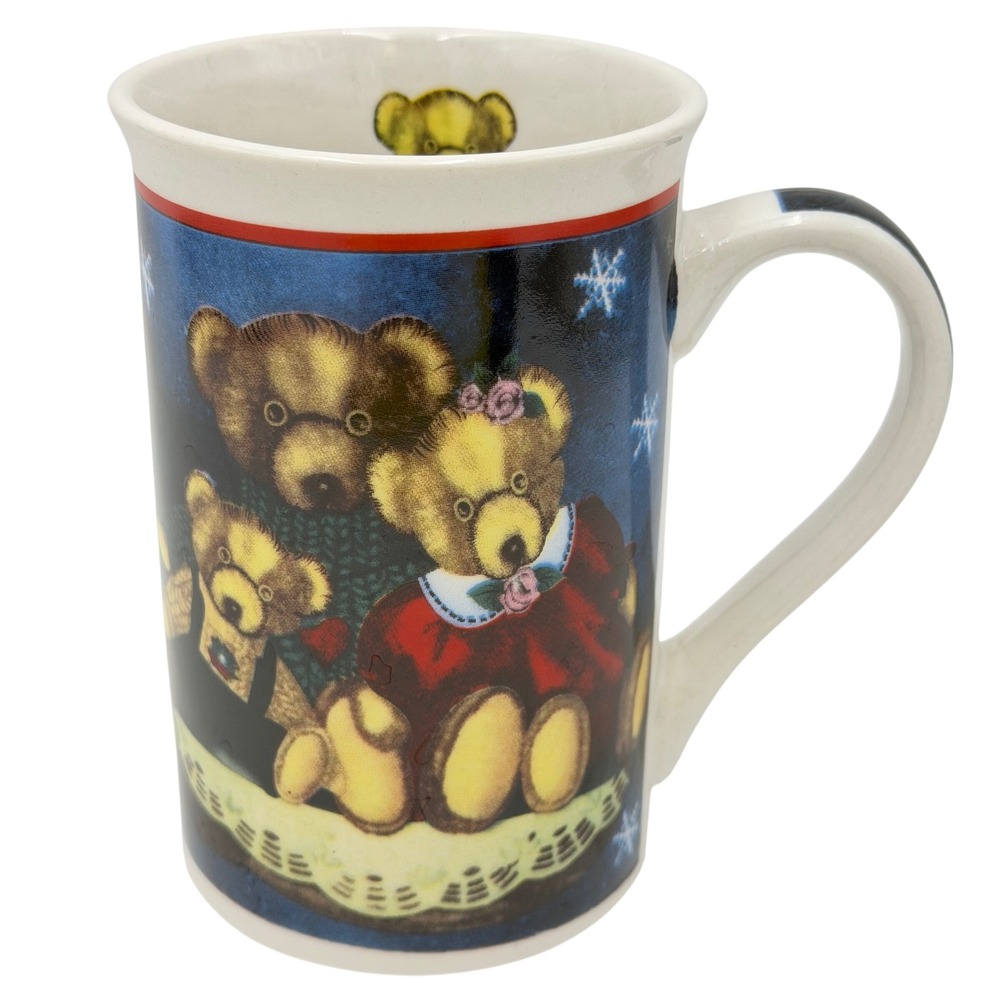 Vtg Teddy Bear Family Winter Snowflake Coffee Mug Blue Tall Holiday Tea Cup Core